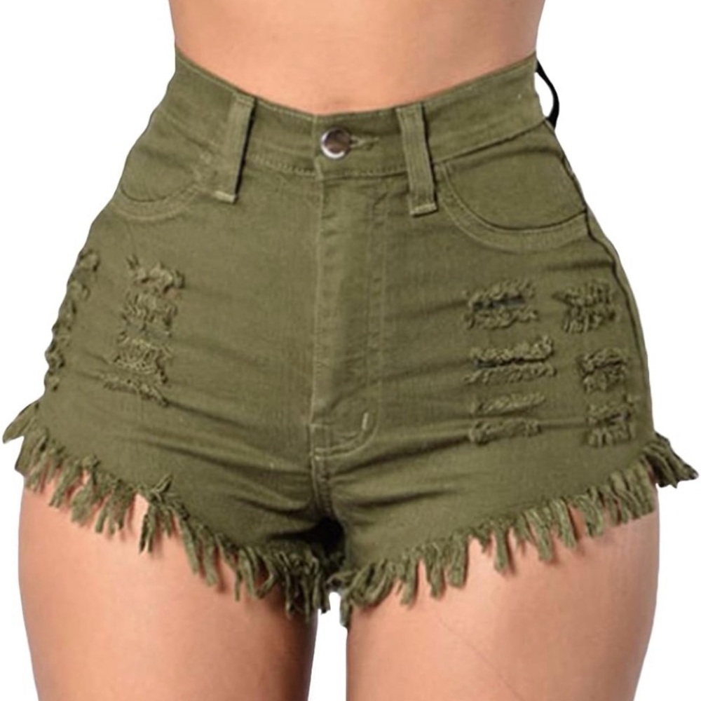 Vintage Y2k‎ Women's High-Waisted Army Green Distressed Cut-off Jean ShortsSmall
